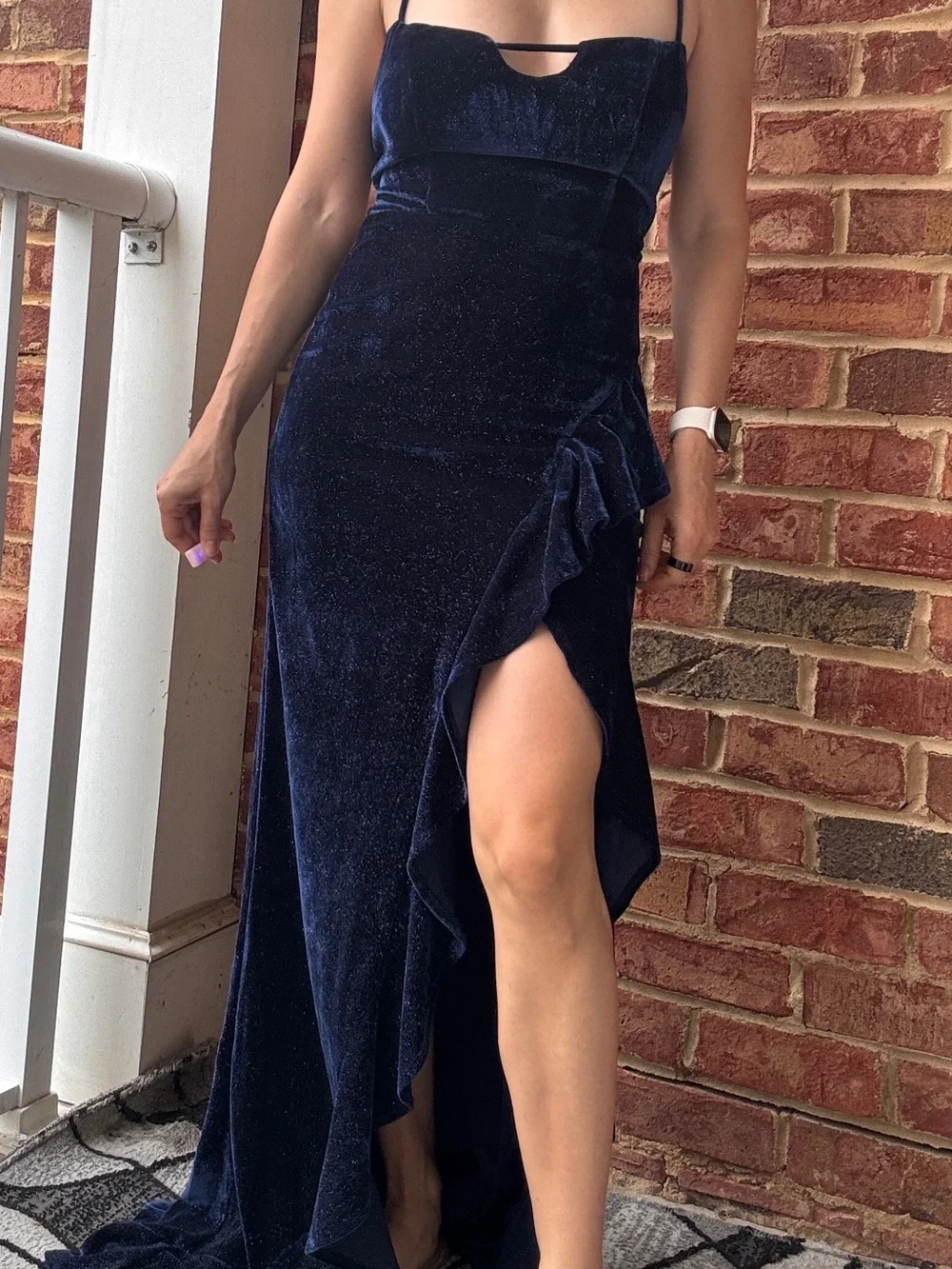 Midnight Blue Velvet High-Low Evening Dress with Side Ruffle